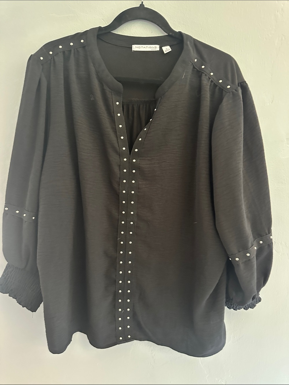 Notations Black Stud-Trim Peasant Top